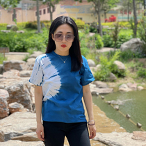 Original design new handmade blue dye t-shirt plant grass tie dyed t-shirt short sleeve loose cotton summer men and women models