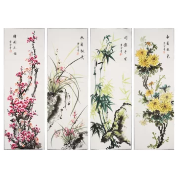 中国古美術・梅兰竹菊 四条屏画芯・黄永玉印款・彩色画・純手描き・宣紙・水印付き 中国古美術・梅兰竹菊 四条屏画芯・黄永玉印款・彩色画・