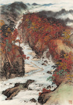 Guan Shan Moon Autumn Brook Raft Landscape Country Painting of Xuan Pink Painting Core Microspray Reproduction Painting New Chinese Xuan Guan Vertical Version Decoration Painting