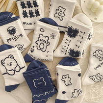 Bear socks ins female middle tube tide blue Japanese Harajuku wind Korean students cartoon long socks autumn and winter