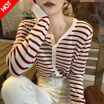 Striped knit cardiovert thin woman sweater jacket Spring autumn outings Early autumn clothes 2021 New small fragrant wind blouses