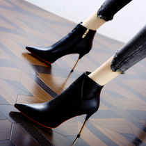 Hong Kong European And American Banquet Side Zips High Heel Short Boots Woman 2021 Winter new minimalist Single boots Fine with Martin boots woman