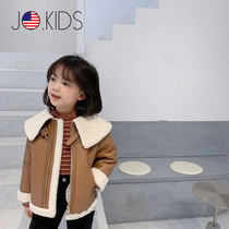 JO childrens clothing girls leather jacket plus velvet padded winter childrens lambskin fur integrated foreign jacket jacket