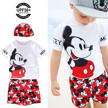 Boys swimsuit 2021 new summer Mickey split childrens bathing suit sunscreen boy baby swimming trunks cap childrens age