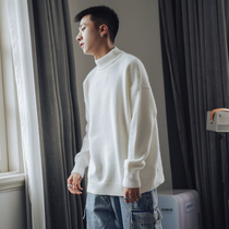 Winter solid color semi-high collar thick warm sweater mens trend knitwear Korean pullover loose white sweater
