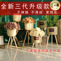 Nordic wind grass woven flower pots Wooden floor rattan woven flower pots Living room ornaments woven large flower basket flower rack Balcony green dill