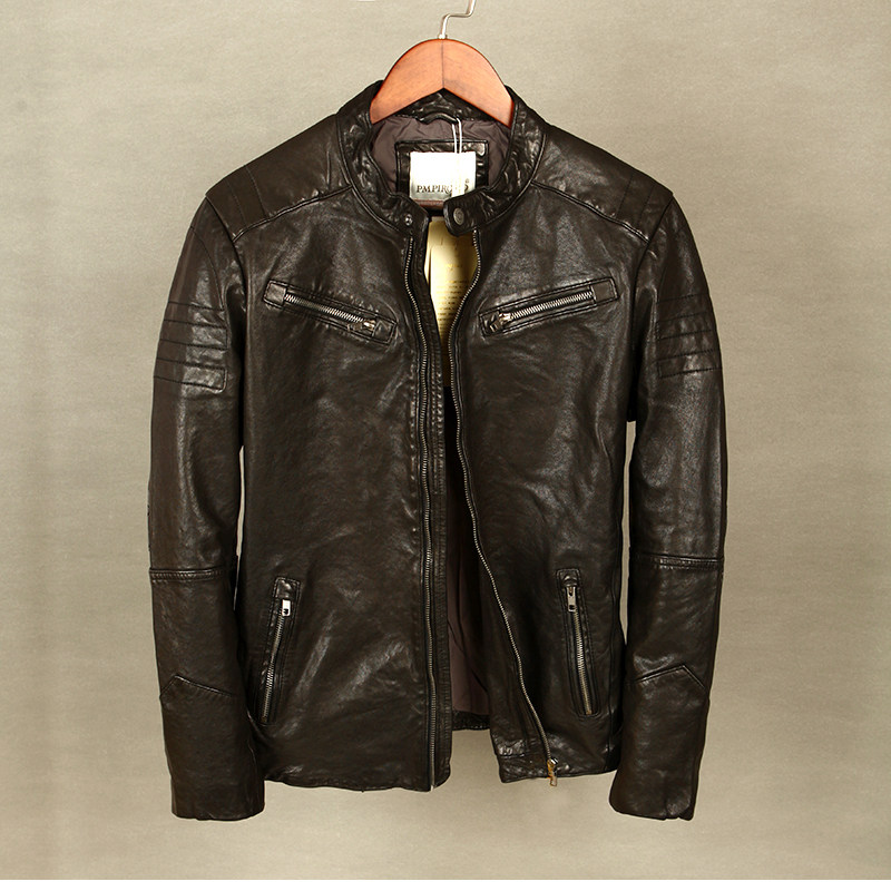 New mens leather leather stand collar Korean slim sheepskin short leather jacket simple handsome young man jacket