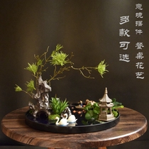 Chinese-style Zen artistic conception ornaments large round table turntable decorative floral furnishings hotel table flower simulation micro landscape