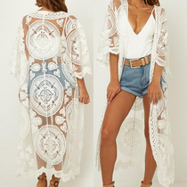 European and American loose casual sunscreen white lace beach blouse mesh embroidered swimsuit outside bikini cardigan women