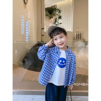 Boys  autumn baby blue and white plaid shirt Childrens Japanese casual shirt Childrens Western spring and autumn top