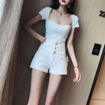 White denim shorts womens 2021 summer new loose ultra-high waist breasted wide leg slim slim a-line pants