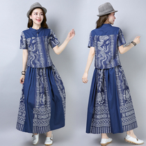 2021 spring and summer new national style retro stand-up collar printing shirt cotton and linen skirt dress suit women