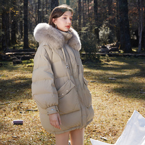 Tricolor 2020 winter new fox real hair collar mid-length profile Korean version of the small warm down jacket female