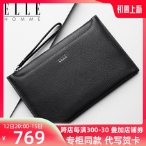 ELLEHOMME Mens handbag genuine leather new business envelope Baotou Layer Bull Leather Large Capacity Light Thin Hand Grab Bag