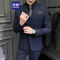 Romon plaid suit mens suit slim trend business casual suit three-piece temperament groom wedding dress