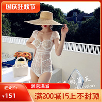 European and American high-end lace one-piece swimsuit female sexy steel tray gathered to cover the belly thin hot spring travel casual swimwear