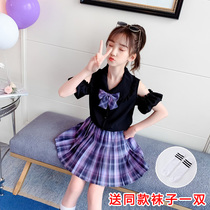 jk uniform Girls summer clothes Genuine full set of primary school students short-sleeved summer grid skirt College style childrens dress