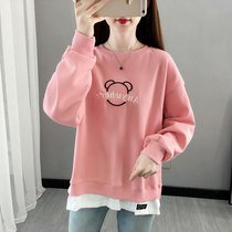 Pregnant womens spring clothing small children out of fashion models 2022 autumn clothing blouses womens loose age foreign air splicing fake two pieces