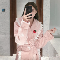 Valvoelite dressing gown women winter New Korean version sexy sweet and lovely solid flannel long home wear