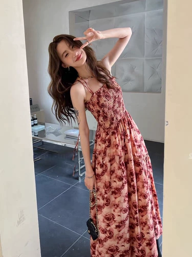 Платье-комбинация, приталенный корсет, длинная юбка, платье, стиль бохо, французский стиль, цветочный принт