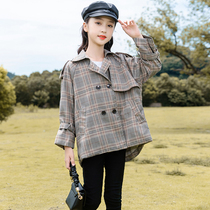 Girls coat spring and autumn thin 2021 new plaid short trench coat in big Children Fashion foreign style autumn coat tide
