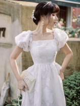 sandro enjoy white chiffon French dress female summer new one-shoulder bubble sleeve printed skirt