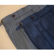 Spring summer autumn Italian Neapolitan dark blue worsted wool herringbone double pleated high waist straight mens casual trousers