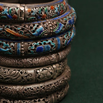 Wai silver handmade late Qing folk craft hollow carved hollow tube sterling silver color glaze bracelet