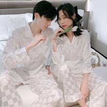 Japanese GP pajamas women spring and summer silk plaid print Ice Silk Spring and Autumn long sleeve thin set home clothes