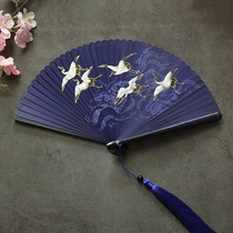 Fan folding fan Blue Crane Chinese style ancient style mens and womens style Hanfu bamboo gifts summer portable craft fan