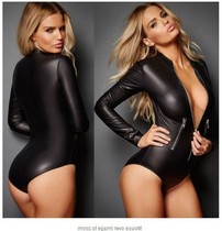 Speed Selling Tunic Dress PU Imitation Lacquered Leather Sexy zip fastening Long sleeves Night shop Tight Fit Conjoined Manic Locomotive Girl