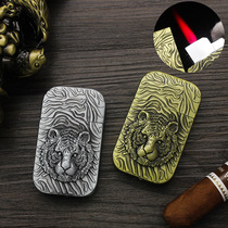 Retro copper silver embossed tiger head markings ultra-thin inflatable lighter windproof red flame cigarette lighter metal