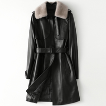 Thick Queen fashion mink fur collar leather down jacket women slim long leather 2021 spring new W