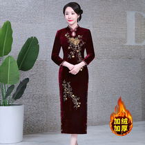 2021 winter new daily plus velvet padded beads gold velvet cheongsam wedding banquet middle-aged and elderly dress skirt