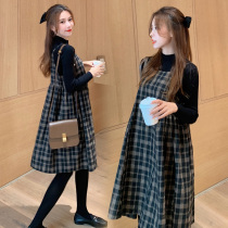 Pregnant womens fashion new autumn and winter foreign style Plaid personality loose belly belly suspenders two-piece dress