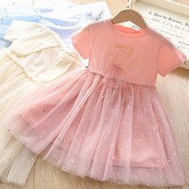 2021 summer new splicing mesh skirt girls cute cartoon rabbit dress short-sleeved lady baby yarn skirt