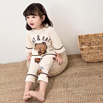 Childrens bear pajamas female pure cotton summer two-piece set Childrens short-sleeved female baby thin home wear cartoon suit