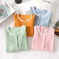 Spring and Autumn Pajamas Women's Jacket Single Cotton Double Gauze Collarless Cardigan Home Clothing Summer Thin Wash Cotton Long Sleeve