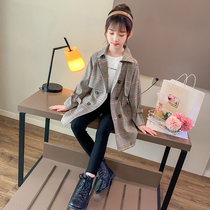 Girls plaid windbreaker 2021 new spring and autumn mid-length mid-size childrens Western waist jacket British style top