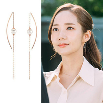 Korean Version Fashion Gold Secretary Why Like The Same Pearl Earrings s925 Pure Silver Long earline anti-allergy ear nail