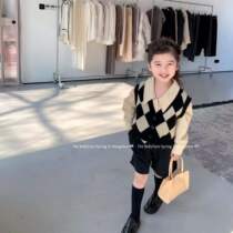 South Korea 2022 Spring Festival girl retro knit waistcoat cardio-polo shirt child trendy suit pants