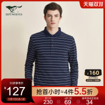 Seven wolves mens lapel collar long sleeve T-shirt 2021 new cotton Pearl face pinstripe polo shirt men