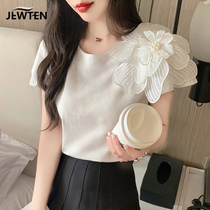 Pure cotton lace flowers white short-sleeved t-shirt womens 2021 new fashion design sense niche short top super fairy