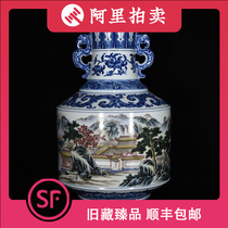 LY2798 Qing Qianlong period blue and white pastel blue and white landscape pavilion and pavilion pattern amphora