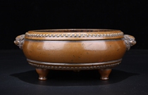 Ghost City] Drum Ding pattern double Lion ear copper stove (weighing 3 2kg) incense burner Wenplay Kuangde auction x2700