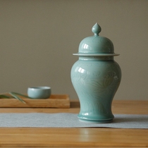 龙泉青瓷新中式摆件仿宋将军罐客厅条案工艺品装饰复古摆件