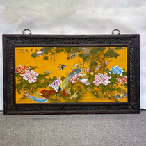 HD0526 Mahogany Inlaid Porcelain Plate Painting Emperor Yellow Glaze Hundred Birds Chaofeng Hanging Screen
