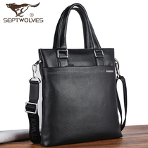 Seven wolves mens bag leather handbag mens briefcase vertical business first layer cowhide messenger bag shoulder bag