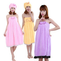 New female coral velvet bow adult gown cute bath towel tunic bathrobe bath skirt shower cap set