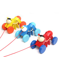 Childrens wooden cartoon animal drawstring toy caterpillar pull baby toddler drag early education puzzle 1-3 years old